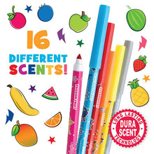 Load image into Gallery viewer, strawberry, blueberry, cherry, pineapple, and coconut scented Washable Smarkers surrounded by illustrations of the sixteen different scents
