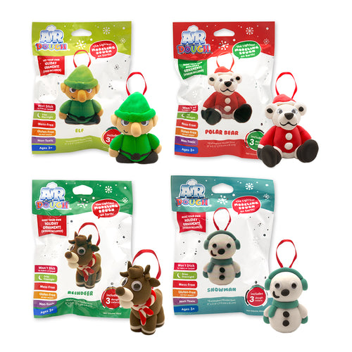 Pack of 4 Holiday Air Dough Ornaments. Top left is the elf, Top right is the polar bear, Bottom Left is the reindeer and Bottom Right is the snowman