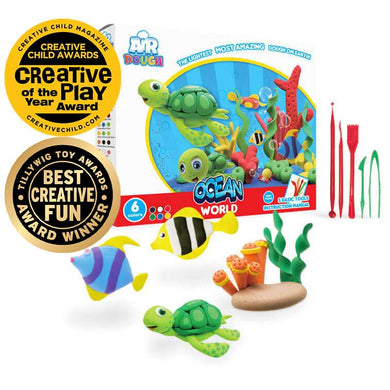 Air Dough Ocean World Packaging with 2019 creative child awards badge. Ocean Fish characters made from the Lightest Most Amazing Dough On Earth and the tools next to the packaging.