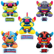 Load image into Gallery viewer, Bedtime Defenderz Plush Characters, Magnus in the center, Bruno in the top left, Lex in the top right, El Sonador in the bottom left and Zigy in the bottom right
