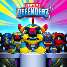Load image into Gallery viewer, Bedtime Defenderz Plush Group with Magnus in the center and then Bruno and Lex behind him and then El Sonador and Zigy behind them with the Bedtime Defenderz Logo above them and a colorfull blue,yellow,purple,and pink background
