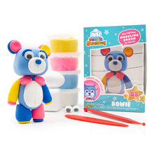 Load image into Gallery viewer, Air Dough Collectibles Character blue, yellow, and pink Bowie the Bear made with Air Dough the lightest most amazing dough on Earth! with Tillywig Toy Award badge for Best Creative Fun
