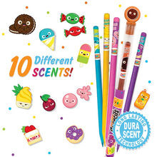 Load image into Gallery viewer, bubble gum, pineapple swirl, blue slushie, and jelly donut out of tubes and cookies n cream in tube surrounded by illustrations of the ten different scents
