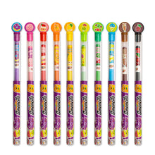 Load image into Gallery viewer, Bubble Gum, Strawberry Cheesecake, Jelly Donut, Blue Slushie, Jolly Watermelon, Rainbow Sherbet, Pineapple Swirl, Orange Soda, Cookies N&#39; Cream, and Black Cherry scented Colored Smencils in tubes Fanned out
