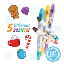 Load image into Gallery viewer, Candy Cane, Mint Cocoa, Winterberry, Sugar Plum, and Gingerbread Holiday Smelly Gellies surrounded by illustrations of the five different scents
