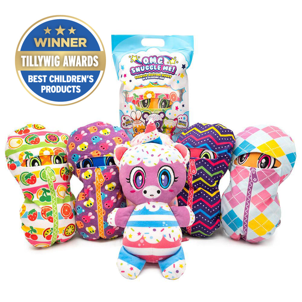O.M.G. Snuggle Me! scented bedtime buddy Plush Group, 4 in their sleeping bags, 1 in the packiging, and 1 out of packiging