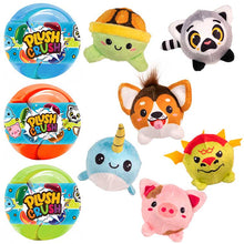 Load image into Gallery viewer, Plush Crush Animal Series Puppy, Dragon, Lemur, Narwhal, Turtle, and Piggy Plush next to orange, blue, and green wrapped plush crush balls 
