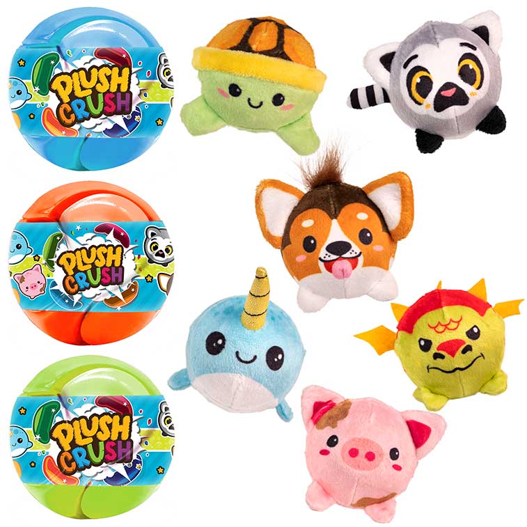 Plush Crush Animal Series Puppy, Dragon, Lemur, Narwhal, Turtle, and Piggy Plush next to orange, blue, and green wrapped plush crush balls 