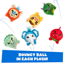 Load image into Gallery viewer, Bouncy ball in each plush crush dino series Woolly Mammoth, Spinosaurus, Stegosaurus, Sabertooth Tiger, Woolly Rhino, and Triceratops Plush
