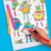 Load image into Gallery viewer, orange, watermelon, blueberry, tangerine, and more super fruit coloring sheet being colored in with washable markers
