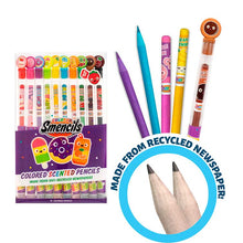 Load image into Gallery viewer, Pack of 10 Colored Smencils, Scented Pencils with bubble gum, pineapple swirl, cookies n cream, blue slushie, and jelly donut pencils out with close up of made from recycled newspaper material used for the pencils

