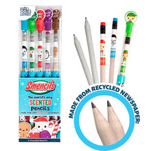 Load image into Gallery viewer, Pack of 5 Holiday Smencils, Scented Pencils with Candy Cane, Mint Cocoa, Snowberry, Sugar Plum, and Gingerbread pencils out with close up of made from recycled newspaper material used for the pencils
