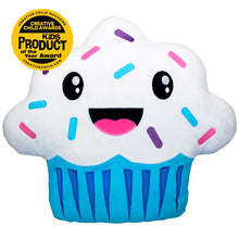 Load image into Gallery viewer, 15 Inch blue and white cupcake with sprinkles Smillows cupcake scented Plush with Top Summer Toy, kids product of the year award badge from the 2019 creative child magazine
