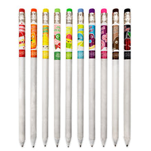 Load image into Gallery viewer, Bubble Gum, Strawberry Cheesecake, Jelly Donut, Blue Slushie, Jolly Watermelon, Rainbow Sherbet, Pineapple Swirl, Orange Soda, Cookies N&#39; Cream, Black Cherry scented Original Pencils out of tubes Fanned out
