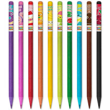 Load image into Gallery viewer, Bubble Gum, Strawberry Cheesecake, Jelly Donut, Blue Slushie, Jolly Watermelon, Rainbow Sherbet, Pineapple Swirl, Orange Soda, Cookies N&#39; Cream, and Black Cherry scented Safari Pencils out of tubes Fanned out
