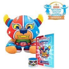 Load image into Gallery viewer, Bedtime Defenderz Red,Blue and Orange plush named El Sonador with comic book and slap bracelet with 2023 national parenting product awards badge

