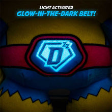 Load image into Gallery viewer, Bedtime Defenderz blue,yellow, and pink plush character named Magnus with the Light Activated Glow in the Dark Belt Glowing
