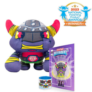 Bedtime Defenderz Purple and Yellow plush named Lex with comic book and slap bracelet with 2023 national parenting product awards badge