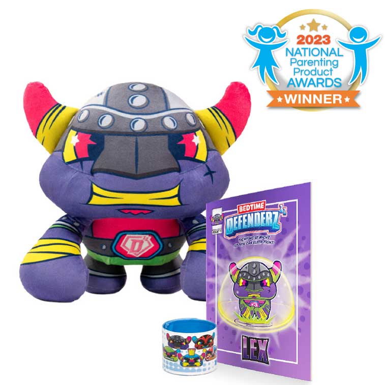 Bedtime Defenderz Purple and Yellow plush named Lex with comic book and slap bracelet with 2023 national parenting product awards badge