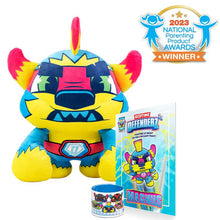 Load image into Gallery viewer, Bedtime Defenderz Blue, Yellow, and Pink plush named Magnus with comic book and slap bracelet with 2023 national parenting product awards badge
