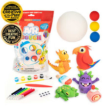 Load image into Gallery viewer, Air Dough Packaging for the Air Dough Create and Decorate Kit with charcters made from Air Dough the lightest most amazing Air Dough on Earth!, paint, markers, googly eyes, brushes, and tools
