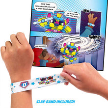 Load image into Gallery viewer, Kid trying on the Bedtime Defenderz Slap Band near a portion of the comic book is open
