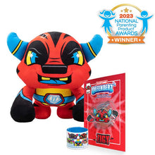 Load image into Gallery viewer, Bedtime Defenderz Red and Black plush named Zigy with comic book and slap bracelet with 2023 national parenting product awards badge
